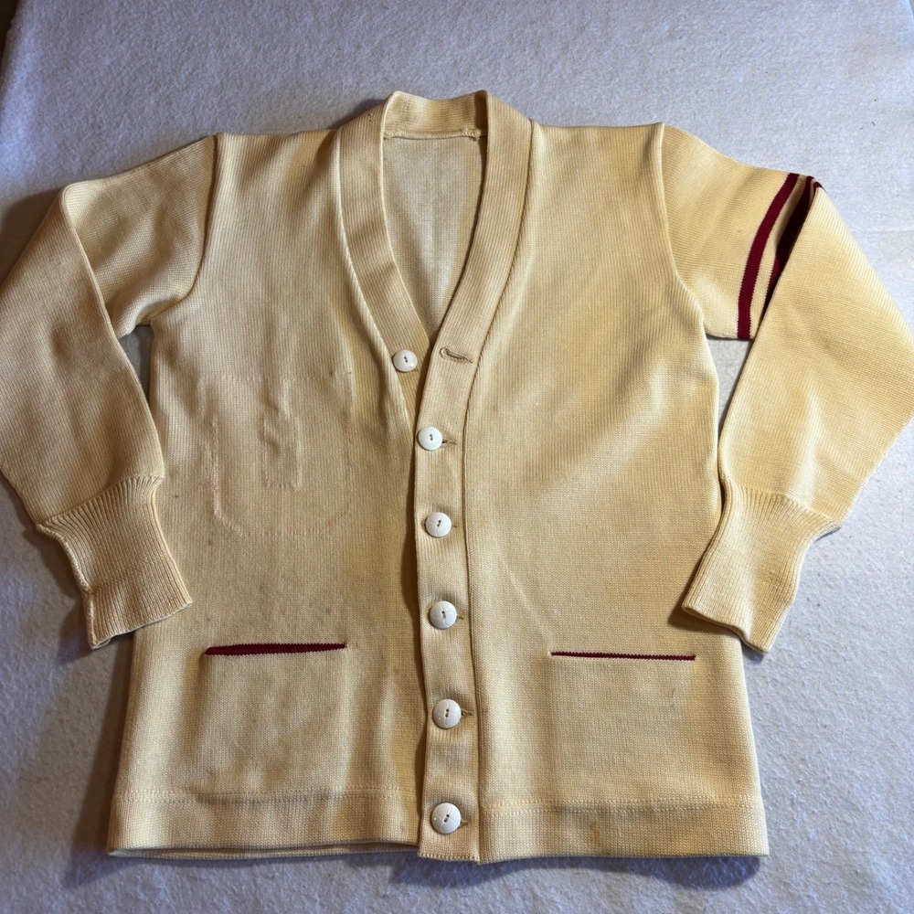 Vintage 40s 50s Mens Cream Varsity Letterman Cardigan Sweater Burgundy Pockets‎